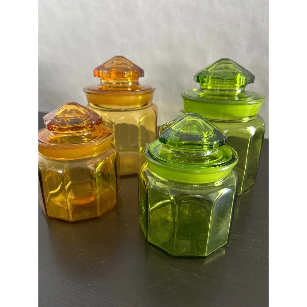 Vintage Octagonal Glass Apothecary Jars Set of 4 Amber & Green Faceted Lids MCM